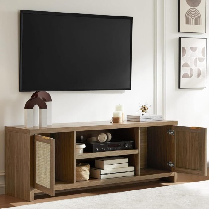 Hampstead TV Stand for Living Room, Modern Entertainment Center for 65 inch TV, 2 Rattan Doors Cabinet Media Console, TV Console Table with Soft Hinge Door and Handle (Special Walnut) - Image 2