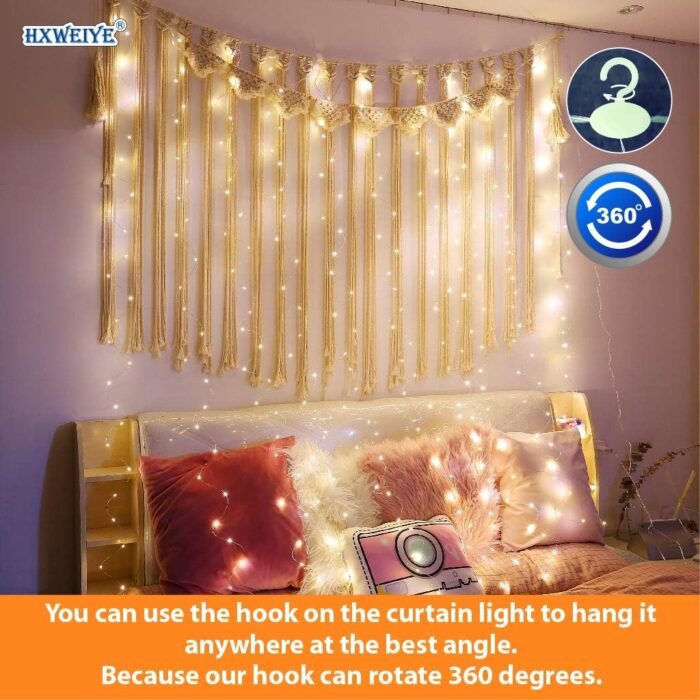 HXWEIYE 300LED Fairy Curtain Lights, 9.8x9.8Ft Warm White USB Plug in 8 Modes Christmas String Hanging Lights with Remote for Bedroom, Indoor, Outdoor, Weddings, Party - Image 2