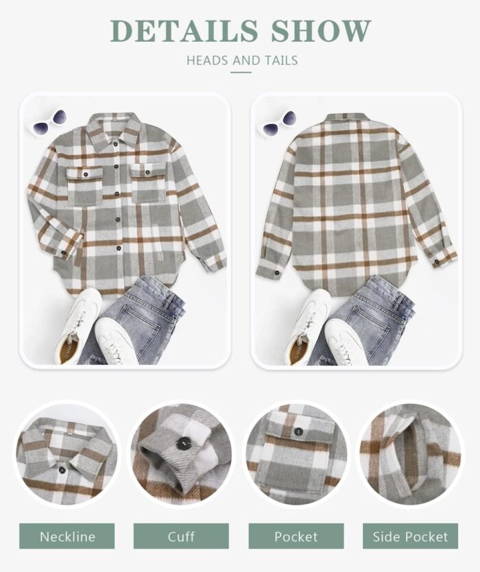 Beaully Women's Flannel Plaid Shacket Long Sleeve Button Down Shirts Jacket Coats with Side Pockets - Image 5