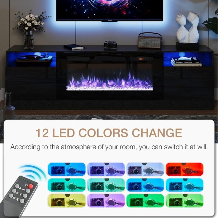 oneinmil Fireplace TV Stand with 36" Electric Fireplace, LED Light Entertainment Center, Modern Wood Texture Entertainment Stand with Highlight Storage Cabinet for TVs Up to 80", 70 inches, Black - Image 3