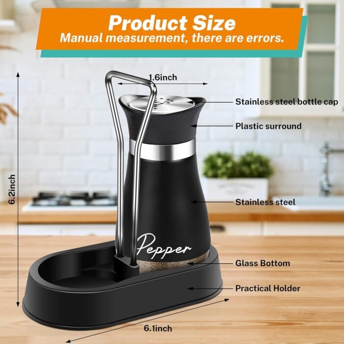 Salt and Pepper Shakers Set with Holder,4 oz Bottom Salt Shaker with Stainless Steel Lid for Kitchen Gadgets Cooking Table Housewarming Gift Christmas Decor Refillable Design (Black + White) - Image 2