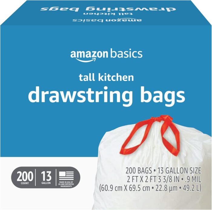 Amazon Basics Tall Kitchen Drawstring Trash Bags, 13 Gallon, 200 Count, Pack of 1