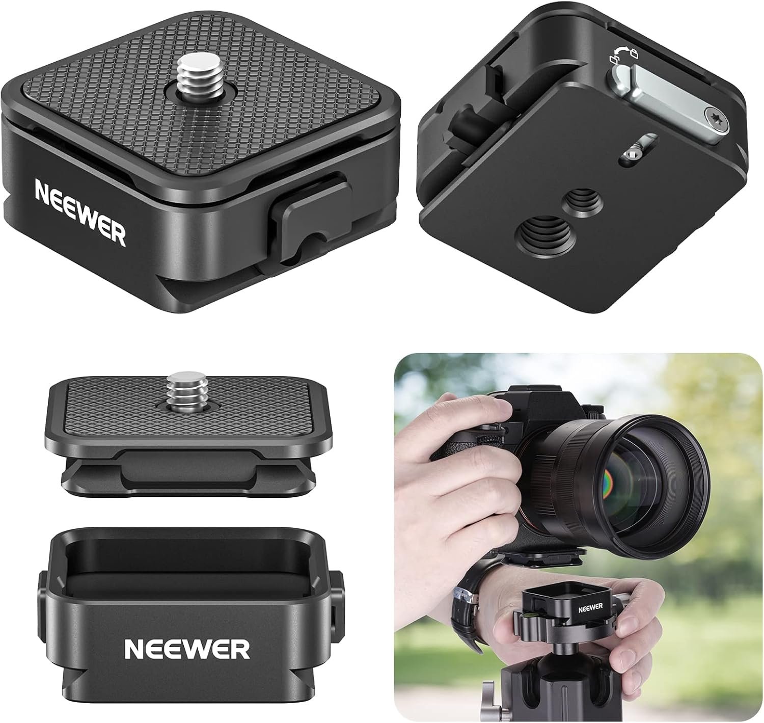NEEWER Arca Type Quick Release Plate Kit, Four Side Slot Compatible with Arca Swiss Camera Mount Adapter with 1/4” 3/8" Threads for Gimbal Stabilizer Tripod Head Slider, Max Load 17.6lb/8kg, CA009