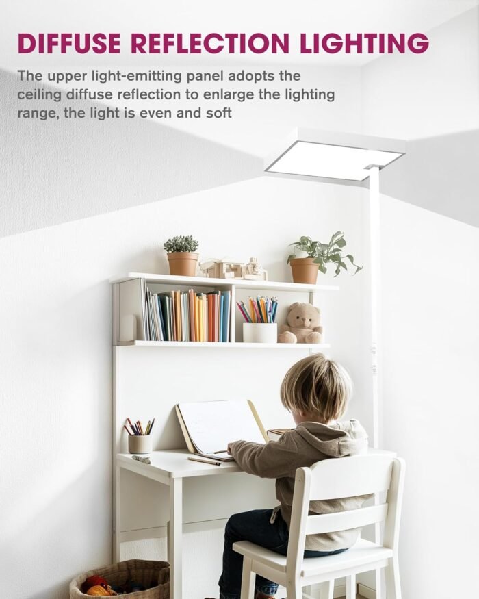 EMITEVER LED Floor Lamp, 60W Full-Spectrum Eye-Care Standing Light, 72.8” Dimmable Reading Lamp for Study Rooms, Living Rooms, Dental Offices and Conference Lighting, 4000K Natural Daylight, White - Image 5