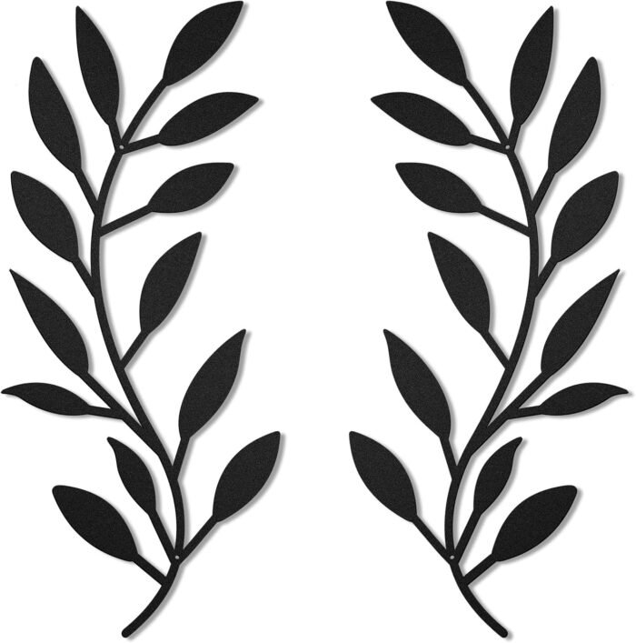 2 Pieces Metal Tree Leaf Wall Decor Vine Olive Branch Leaf Wall Art Wrought Iron Scroll Above The Bed, Living Room, Outdoor Decoration (Black)