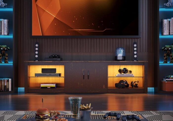 Bestier 70 Inch Led TV Stand for 75 Inch TV Large Entertainment Center Gaming with Adjustable Glass Shelves Two Cabinets Modern TV Console for Living Room 22 RGB Modes, Golden Black - Image 3