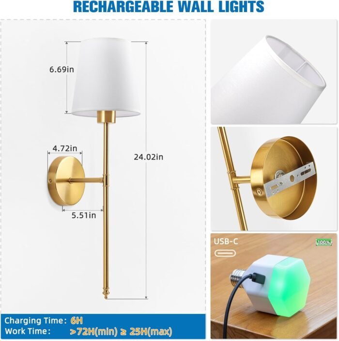 NIORSUN Battery Operated Wall Sconce Set of 2,Gold Rechargeable Wall Lights with 5200mAh Dimmable Detachable Bulbs and Remote,10 Colors Wireless Sconces for Bedroom Living Room Hallway - Image 7