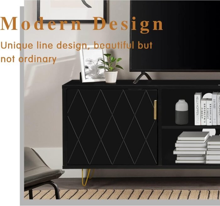 Anbuy Entertainment Center Black Media Console Wood TV Console Media Cabinet with 2 Storage Cabinet and Shelves Home TV Stand for Living Room Support TV up to 65 inch Wood TV Cabinet (Black) - Image 5