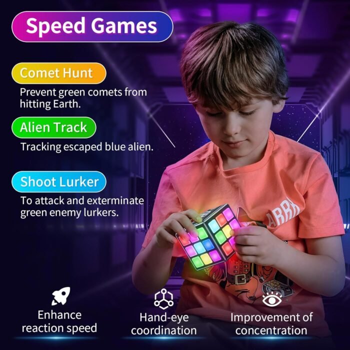 Rechargeable Game Cube, 15-in-1 Fun Brain Memory & Speed Games for Kids, Christmas Birthday Gifts for Boys Girls Ages 6-12+ Years Old, Cool Toys for Kids Teens with Score Screen (Black) - Image 4