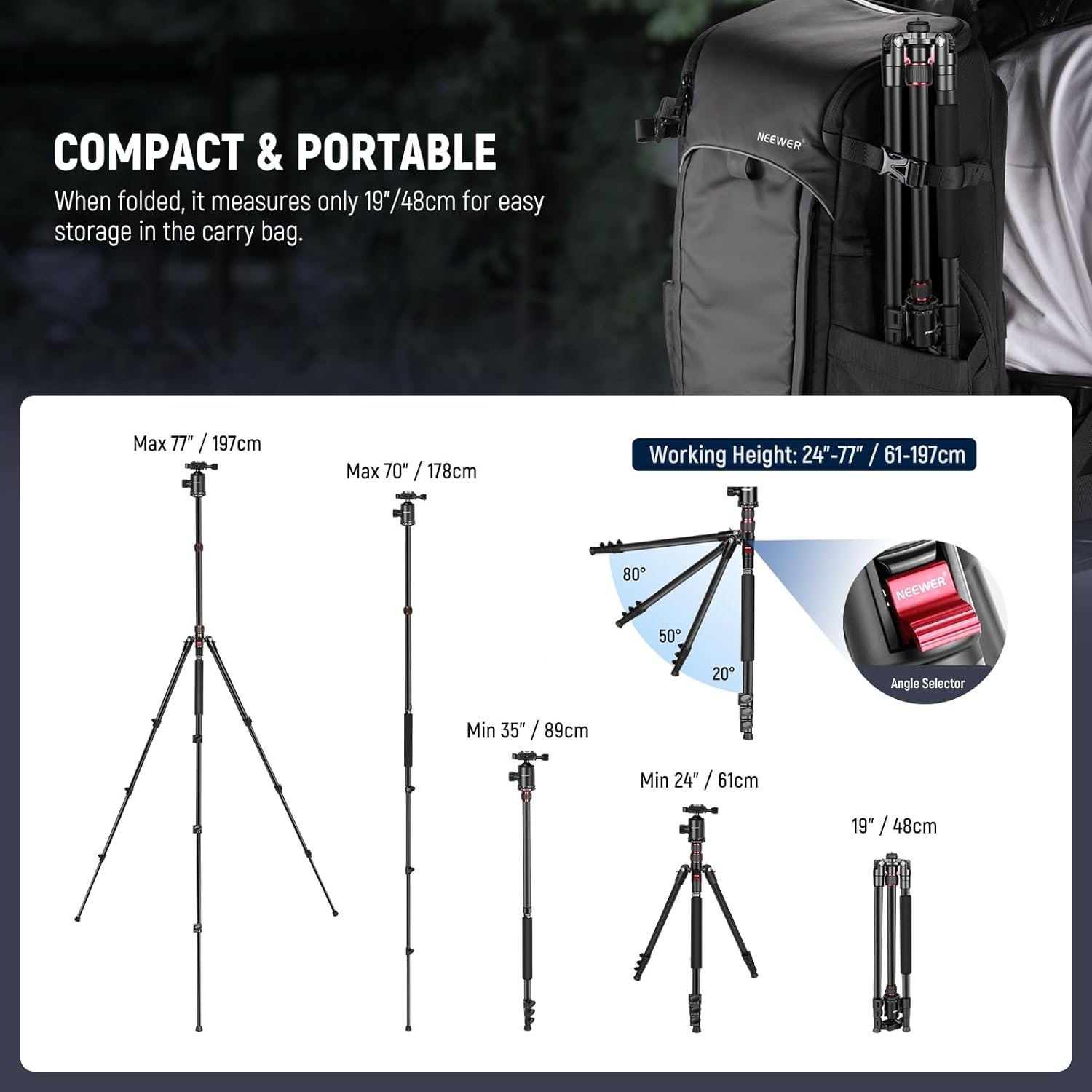 NEEWER 77 inch Camera Tripod Monopod for DSLR, Phone with 360° Panoramic Ball Head, 2 Axis Center Column, Arca Type QR Plate, Compact Aluminum Lightweight Travel Tripod 34lb Max Load, Bag Included - Image 3