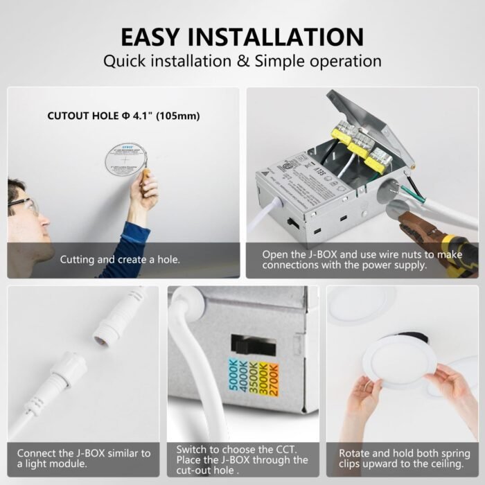 LVWIT 6 Pack 4 Inch LED Recessed Lighting with Junction Box, 5CCT Dimmable LED Downlight,9W Ultra-Thin Modern Led Ceiling Light, 2700/3000/3500/4000/5000K Selectable Led Can Lights,Smooth Trim - Image 5