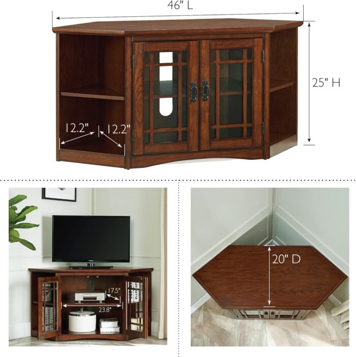 Leick Home 82287 Solid Wood Mission Oak Two Door Corner TV Stand For 50" TVs Living Room Storage Shelves Entertainment Center, Mission Oak TV Console - Image 2