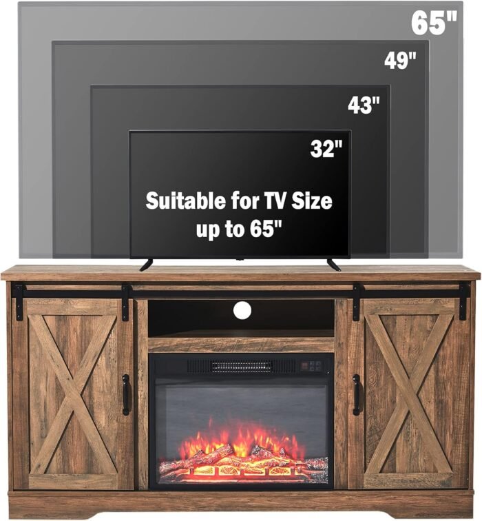 AMERLIFE Fireplace TV Stand with Sliding Barn Door for TVs up to 65", Farmhouse 59" Fireplace Entertainment Center with Storage Cabinets/Adjustable Shelves, Barnwood - Image 4