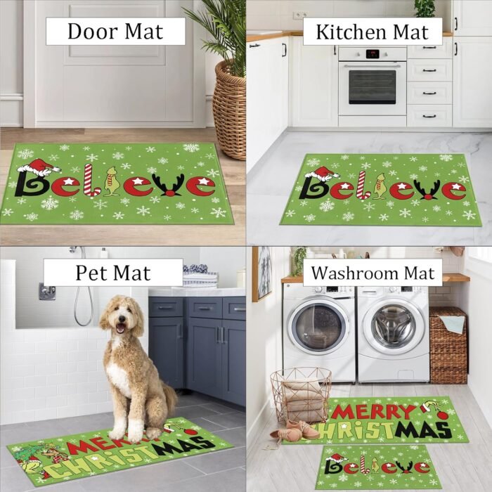 Merry Christmas Kitchen Rugs and Mats Set of 2, Believe Christmas Kitchen Decor Mat Non Slip Rugs Outdoor Doormat Cushioned Christmas Runner Rug for Kitchen Farmhouse - 17"x 29" & 17"x 47" - Image 4