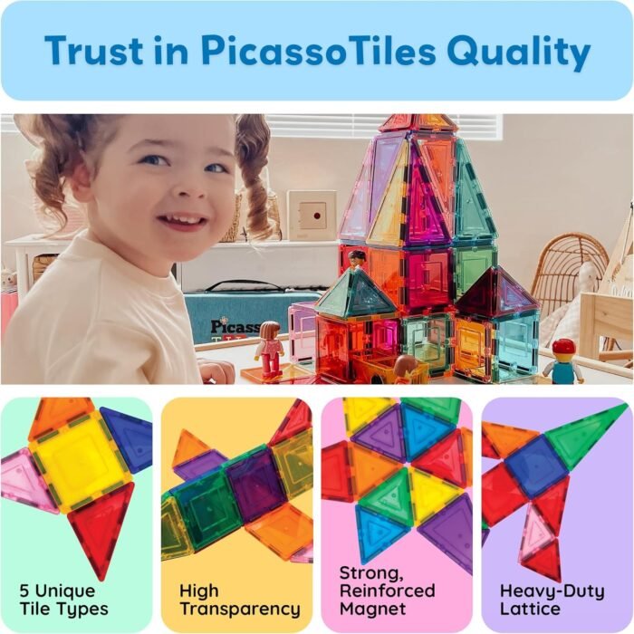 PicassoTiles Magnetic Tiles 60pcs Kids Toys Classroom Sensory Toy for Toddlers STEM Learning Building Blocks, Montessori Pretend Play Magnet Tile Construction Stacking Block Boys Girls Ages 3+ PT60 - Image 6