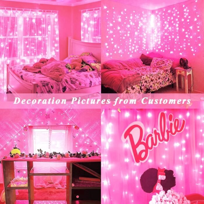 JMEXSUSS 300 LED Pink Christmas Curtain Lights Indoor, Pink String Lights Plug in, 8 Modes Pink Fairy Lights for Bedroom Window Wall Party Backdrop Valentine Xmas Decorations, 9.8x9.8ft - Image 8