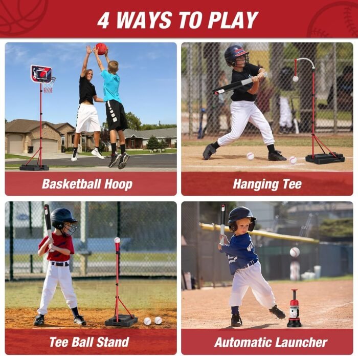 4 in 1 Kids Basketball Hoop and Tball Set for Toddlers 3-5, Adjustable Hanging Tee Ball Stand with Automatic Pitching Machine, Indoor Outdoor Sport Toys Christmas Birthday Gifts for Boys Girls - Image 2