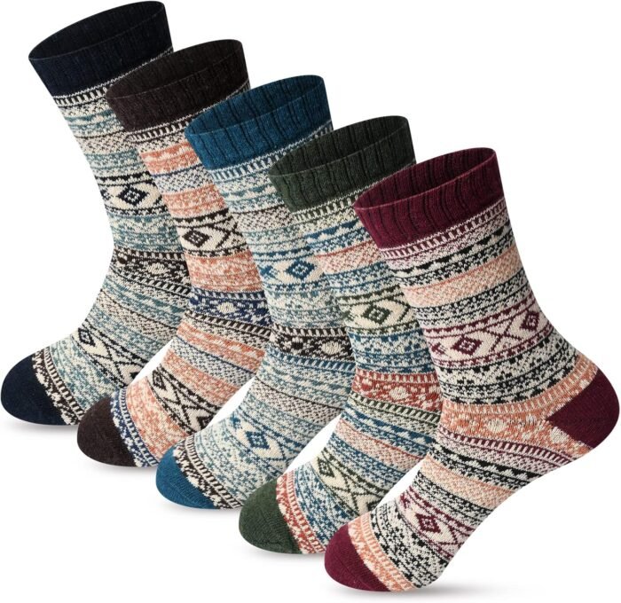 FYC Winter Womens Socks Wool Warm Thick Knit Cozy Crew Casual Vintage Soft Socks for Women Christmas Gifts Socks 5 Pairs