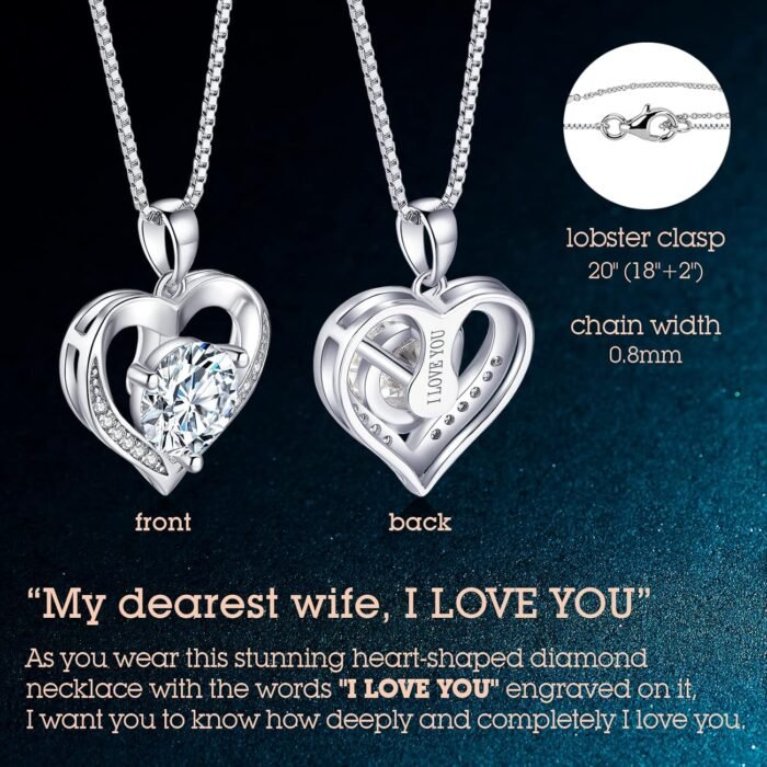 Heart Pendant Necklace Gifts for Wife, Engraved 'I LOVE YOU' Gift for Wife Girlfriend, 1-3 Carat Moissanite Necklace, Anniversary Eternity Jewelry Present for Wife, Birthday Gifts for Women - Image 4