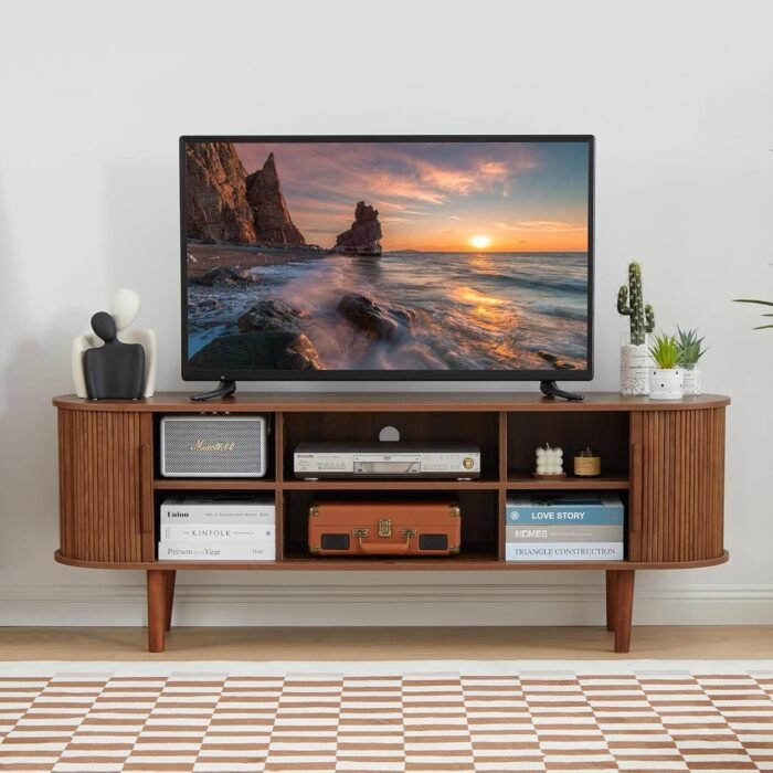 TV Stand, Modern TV Console Table with Storage Compartment and Sliding Door, Gaming Entertainment Center with Cabinet for Living Room, Bedroom, Office (Walnut) - Image 4
