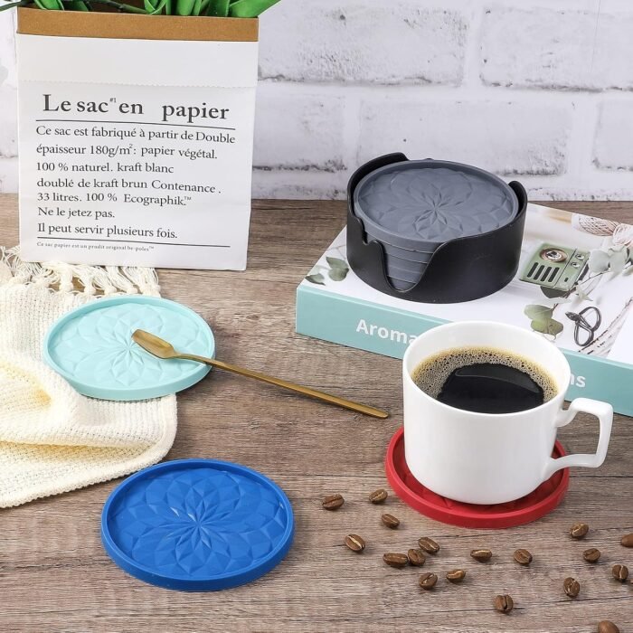 ME.FAN Silicone Coasters [6 Pack] Coasters with Holder - Drinking Coasters - Cup Mat for Drinks - Live for Hot or Cold Drink Thickened, Non-Slip, Non-Stick, Deep Tray Navy Blue - Image 8
