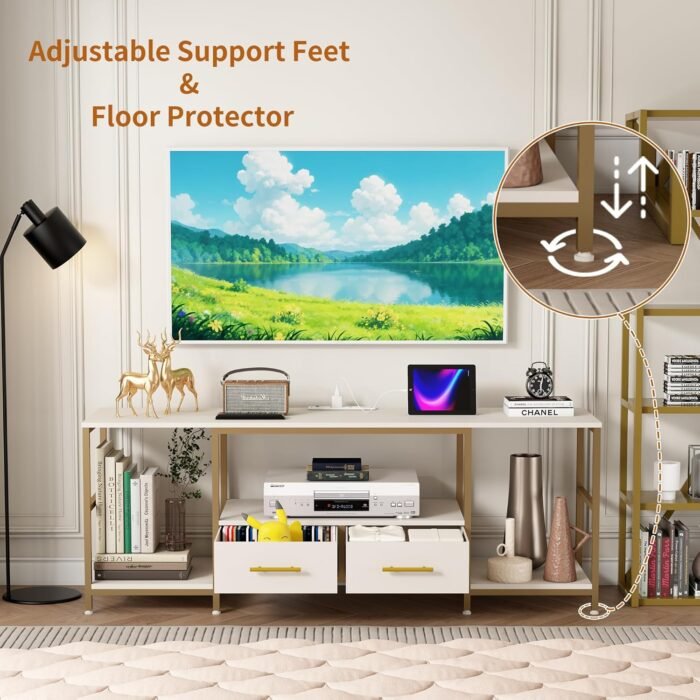 63" TV Stand for TVs, Up to 70 Inch TV, Modern Entertainment Center, TV Table with Two Drawers, TV Console Table with Metal Frame, TV Stands for Living Room, Bedroom, White/Gold - Image 4