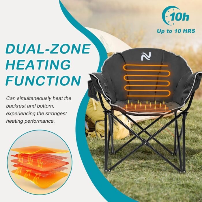 2Pack Oversized Heated Camping Chair, Heated Folding Lounge Chair for Outdoor Sports, Portable Padded Camping Chair with 3 Heat Levels for Lawn, Patio, Beach, and Picnics, Black - Image 4