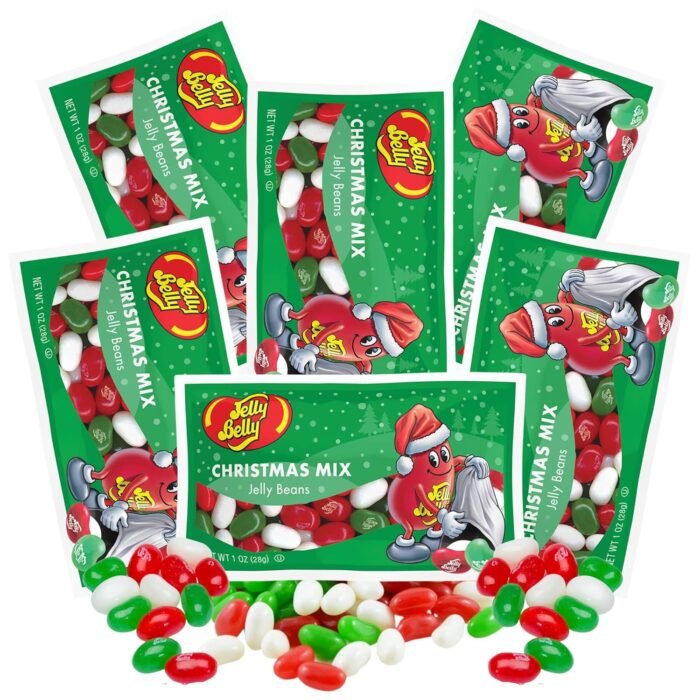 Christmas Mix 2024 Individual Packets of Jelly Beans, Very Cherry, Green Apple, and Coconut Flavored Candies, Stocking Stuffers, Pack of 6