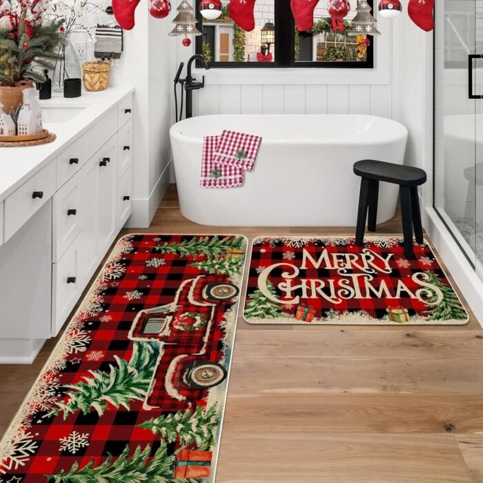 Christmas Kitchen Mats for Floor, Christmas Kitchen Rugs Set of 2 - Farmhouse Truck Red Buffalo Plaid Christmas Kitchen Decor - Christmas Decorations for Bathroom,Home,Indoor 17"x27+17"x47" - Image 6