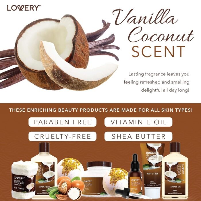 Bath and Body Gift Basket For Women and Men – 9 Piece Set of Vanilla Coconut Home Spa Set, Includes Fragrant Lotions, Extra Large Bath Bombs, Coconut Oil, Luxurious Bath Towel & More - Image 4