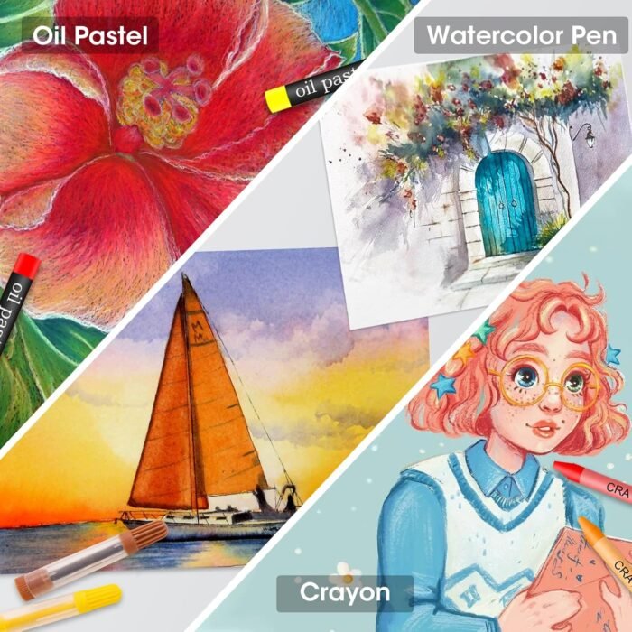 VigorFun Art Supplies, 240-Piece Drawing Art Kit, Gifts Art Set Case with Double Sided Trifold Easel, Includes Sketch Pads, Oil Pastels, Crayons, Colored Pencils, Watercolor Cakes, Stickers (Cyan) - Image 4