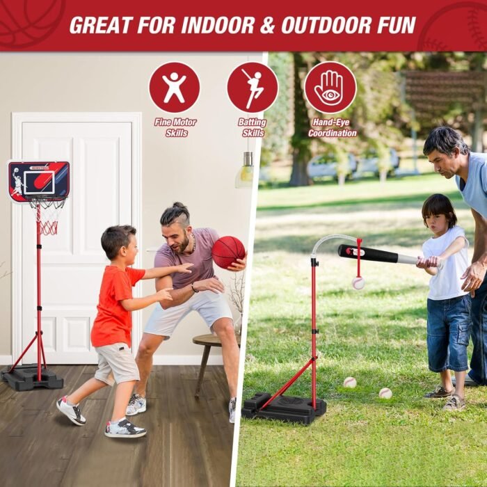 4 in 1 Kids Basketball Hoop and Tball Set for Toddlers 3-5, Adjustable Hanging Tee Ball Stand with Automatic Pitching Machine, Indoor Outdoor Sport Toys Christmas Birthday Gifts for Boys Girls - Image 7