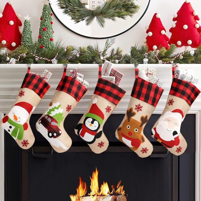 GoldFlower Christmas Stockings 5 Pack, 18'' Large Christmas Stockings with Santa Snowman Gnomes Pattern,Classic Buffalo Plaid Cuff,Xmas Ornaments for Family Stairs Fireplace Tree Hanging 5