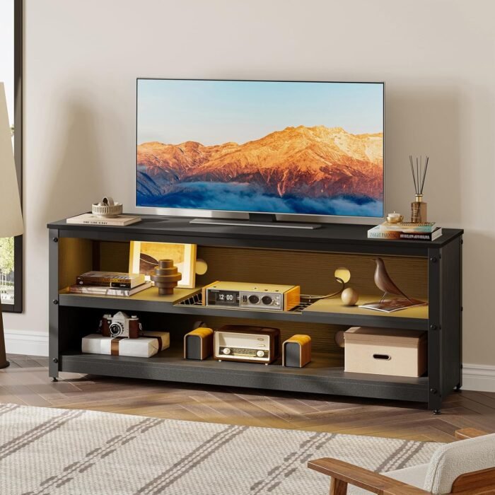 Bestier Gaming TV Stand with LED Light for TVs up to 60 Inch, Entertainment Center with Adjustable Shelves, Modern Industrial TV Media Console with Storage Shelves for Living Room Bedroom, Black - Image 7