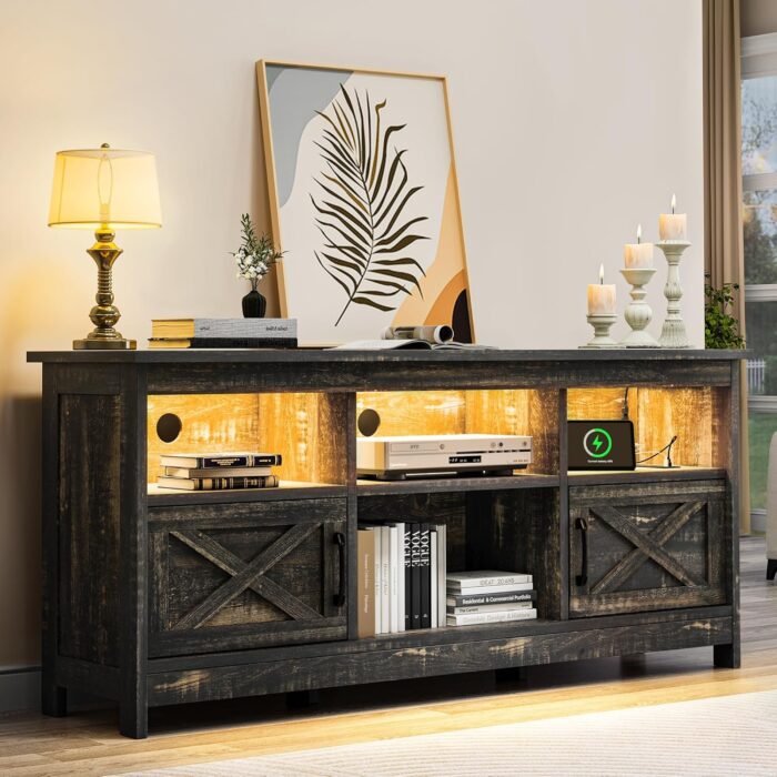 YITAHOME Farmhouse TV Stand with Power Outlet, Entertainment Center, LED Light Media Console, Simple TV Cabinet for Living Room or Bedroom, Dark Rustic Oak 59 Inch