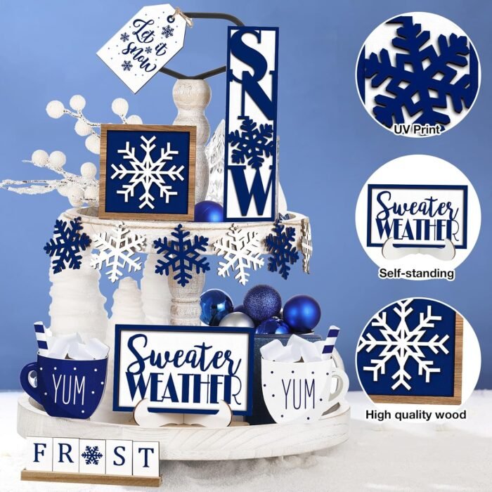 Jetec 12 Pieces Christmas Tiered Tray Decor Winter Snowflake Wooden Sign Table Decorations Farmhouse Coffee Bar Signs Snowflake Winter Tray Decor for Home Xmas Holiday Tabletop(Blue) - Image 4