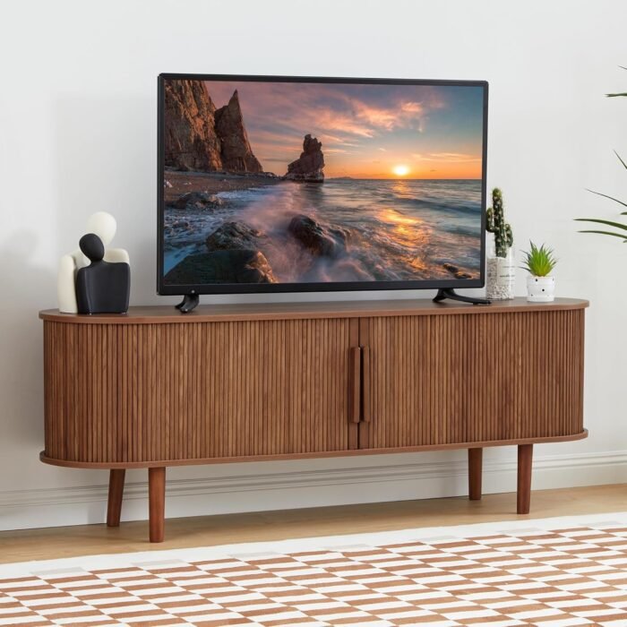 TV Stand, Modern TV Console Table with Storage Compartment and Sliding Door, Gaming Entertainment Center with Cabinet for Living Room, Bedroom, Office (Walnut) - Image 3
