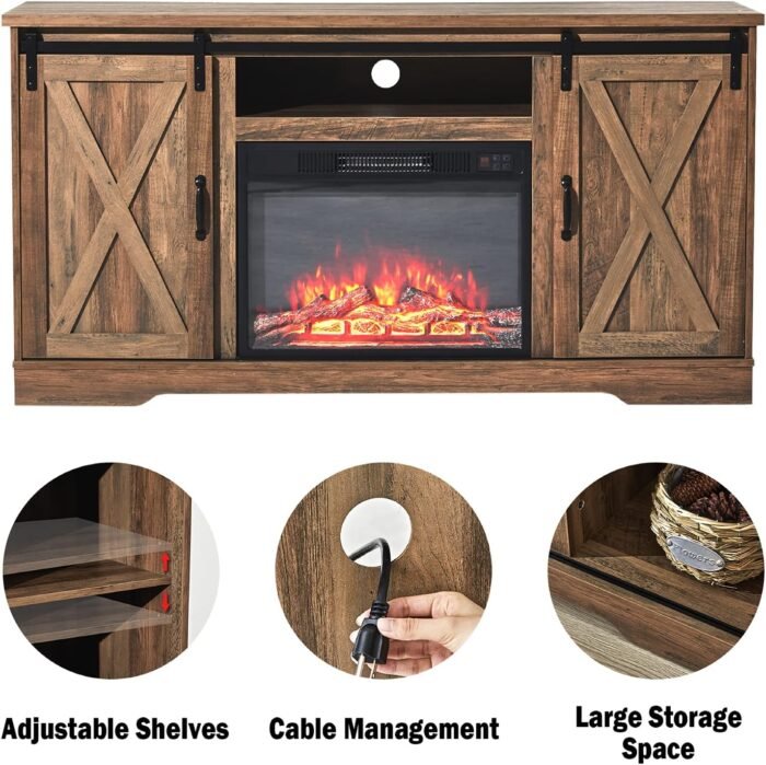 AMERLIFE Fireplace TV Stand with Sliding Barn Door for TVs up to 65", Farmhouse 59" Fireplace Entertainment Center with Storage Cabinets/Adjustable Shelves, Barnwood - Image 5