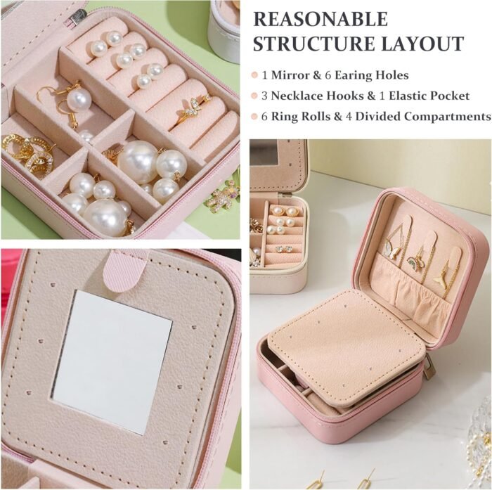 MODENGKONGJIAN Travel Jewelry Case for Women Fashion, Ring Necklace Earring Jewelry Holder Organizer Box, Small Portable Personalized Pink Jewellery Storage Box, Christmas Gifts Initial E - Image 3