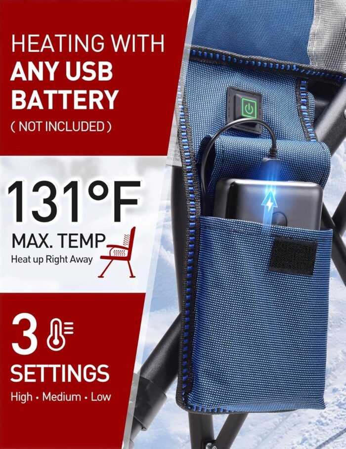 Heated Camping Chair for Adults, Heats Back and Seat, 3 Heat Levels, Fully Padded Heated Folding Chair for Outdoor Sports with Cup Holder, Rich Pockets, Battery NOT Included - Image 2