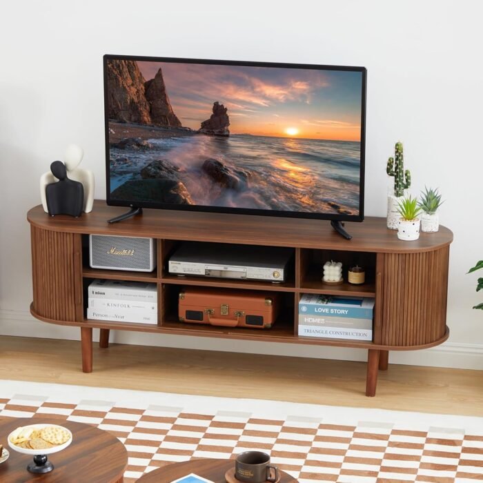 TV Stand, Modern TV Console Table with Storage Compartment and Sliding Door, Gaming Entertainment Center with Cabinet for Living Room, Bedroom, Office (Walnut) - Image 5