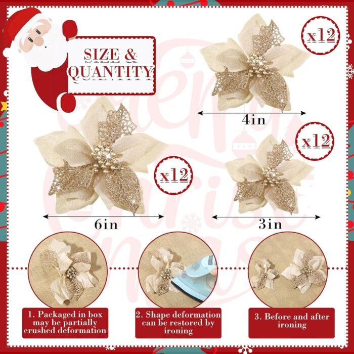 WILLBOND 36 Pieces Christmas Glitter Poinsettia Faux Flowers Christmas Flowers Decorations Wedding Xmas Tree New Year Ornaments(Gold) - Image 2