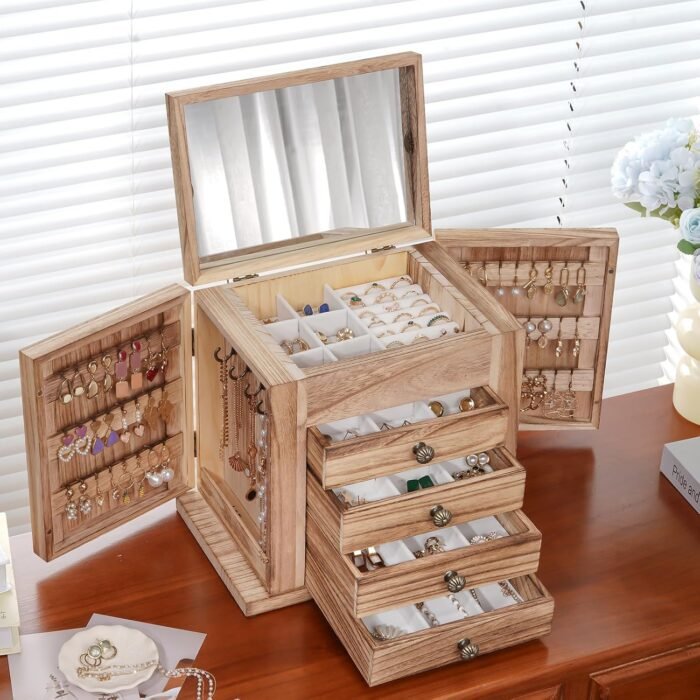 ProCase Large Jewelry Box, 5-Layer Wooden Jewelry Boxes for Women, Jewellery Holder Organizer Storage Case with Mirror for Earrings Bracelet Necklace for Dresser -Natural - Image 7