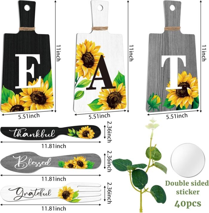 Bucherry Set of 6 Sunflower Kitchen Decor Sets Eat Signs Fork and Spoon Wooden Kitchen Wall Decor Hanging Plaques Farmhouse Sunflower Kitchen Decor and Accessories(Black, White, Gray) - Image 3