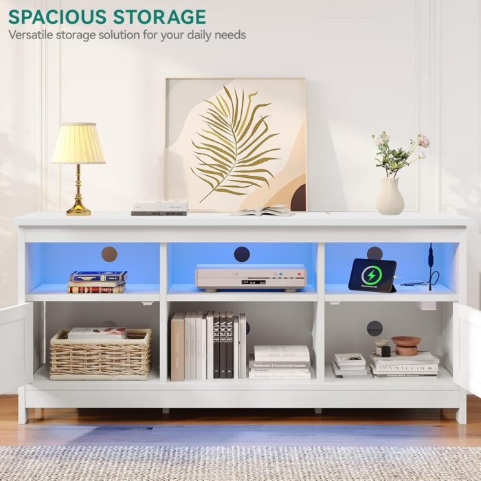 YITAHOME Farmhouse TV Stand with Power Outlet, Entertainment Center, LED Light Media Console, Simple TV Cabinet for Living Room or Bedroom, White 59 Inch - Image 5