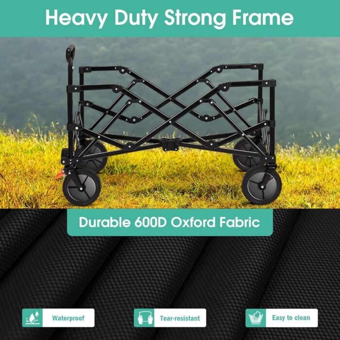 Collapsible Folding Wagon Cart,Heavy Duty Garden Cart with All Terrain Wheels,Portable Large Capacity Utility Wagon Cart for Camping Fishing Sports Shopping,Black&Orange - Image 4