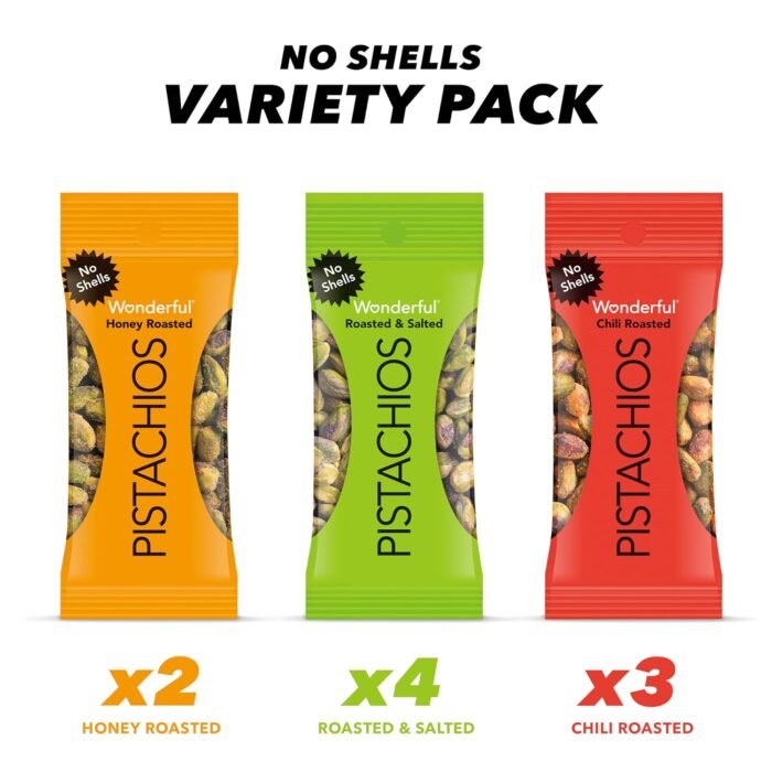 Wonderful Pistachios No Shells, 3 Flavors Mixed Variety Pack of 9 (0.75 Ounce), Roasted & Salted Nuts (4), Chili Roasted (3), Honey Roasted (2), Protein Snacks, Stocking Stuffers , Individually Wrapped Healthy Snacks - Image 2