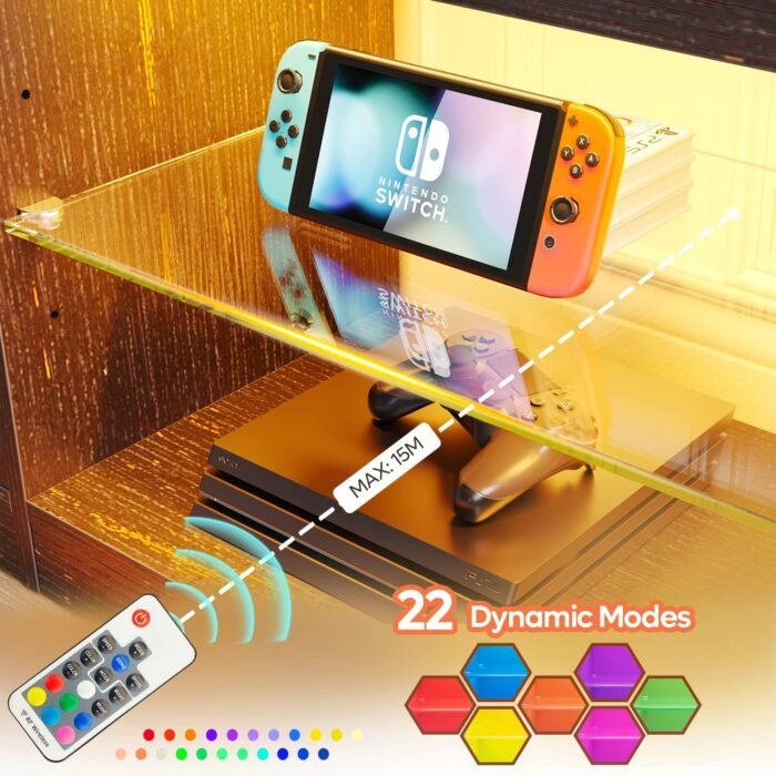 Bestier 70 Inch Led TV Stand for 75 Inch TV Large Entertainment Center Gaming with Adjustable Glass Shelves Two Cabinets Modern TV Console for Living Room 22 RGB Modes, Golden Black - Image 2