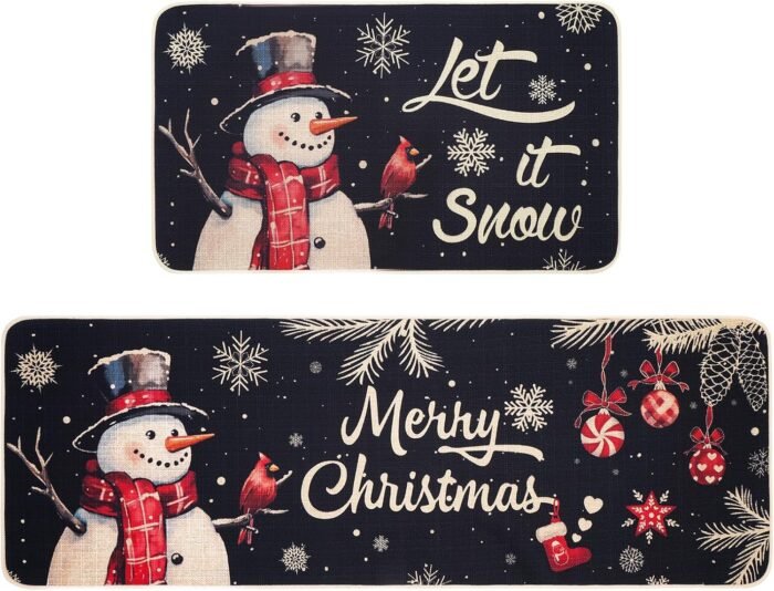 Christmas Kitchen Mats Set of 2, Snowman Winter Christmas Kitchen Decor Christmas Runner Rug and Mat Set, Low-Profile Kitchen Rugs for Floor(17x29 and 17x47 Inch)