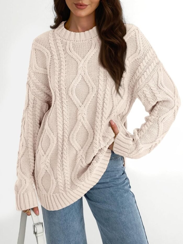 Trendy Queen Women's Oversized Cable Knit Crewneck Sweaters - Image 2